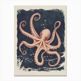 Red Octopus Making Bubbles Linocut Style Canvas Print