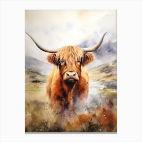 Highland Cow By The Lake Watercolour  1 Canvas Print