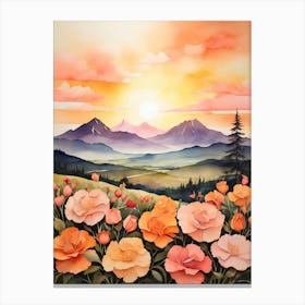 Sunset With Roses Canvas Print