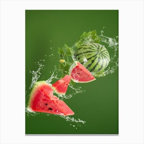 Watermelon Splash Food Fruit Green Red Slices Water Canvas Print