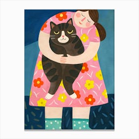 Woman Girl And Cat, flower dress and socks Canvas Print