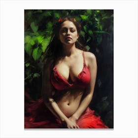 Woman In Red female portrait in the forest green Canvas Print
