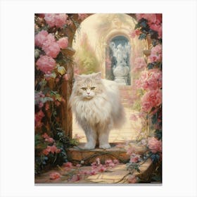 Fluffy White Cat In A Pink Floral Courtyard Rococo Style Canvas Print