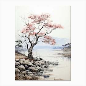 Lake Biwa In Shiga, Japanese Brush Painting, Ukiyo E, Minimal 2 Canvas Print