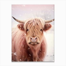 Highland Cow In The Snow Pink Filter Portrait 4 Canvas Print