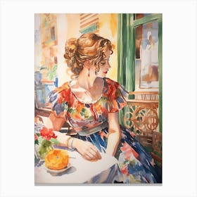 At A Cafe In Cartagena Spain Watercolour Canvas Print