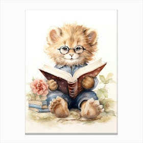 Reading Books Watercolour Lion Art Painting 2 Canvas Print