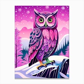 Pink Owl Snowy Landscape Painting (146) Canvas Print