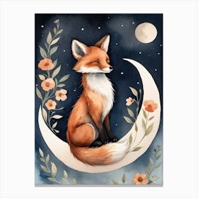 Floral Cute Fox Watercolor Moon Paining (11) Canvas Print