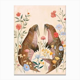 Folksy Floral Animal Drawing Walrus Canvas Print