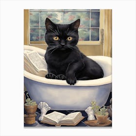 Black Cat In Bathtub Botanical Bathroom 4 Canvas Print