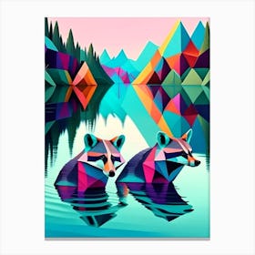 Two Raccoons Swimming In Lake Modern Geometric Violet Canvas Print