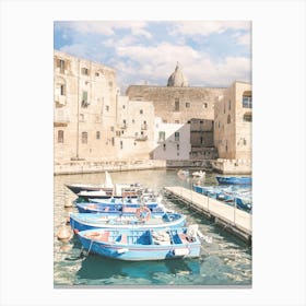 Puglia, Italy I Authentic, historic fishing village of Monopoli with its blue boats in the harbour with Mediterranean southern architecture photography and retro vintage pastel summer aesthetic with film camera Canvas Print