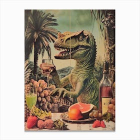 Dinosaur Drinking Wine Retro Collage 2 Canvas Print