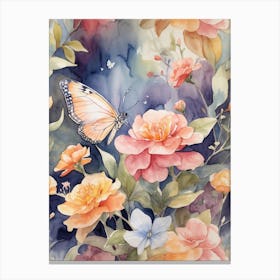 Watercolor Of Flowers And Butterflies Canvas Print