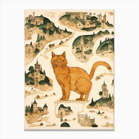 Medieval Village On A Map With A Ginger Cat Canvas Print