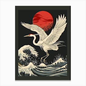 White Crane Flying Over The Waves Canvas Print