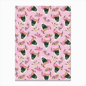 Green Bulls with Flower Crowns on Pink Canvas Print