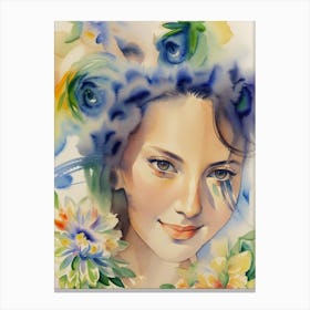 Watercolor Of A Girl With Flowers Canvas Print