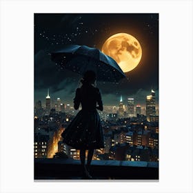 Girl Holding Umbrella At Night In City Canvas Print