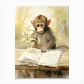 Monkey Painting Doing Calligraphy Watercolour 1 Canvas Print