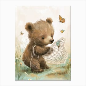 Brown Bear Cub Playing With A Butterfly Net Storybook Illustration 1 Canvas Print