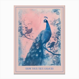 Peacock In A Tree With Other Birds Cyanotype Inspired Poster Canvas Print