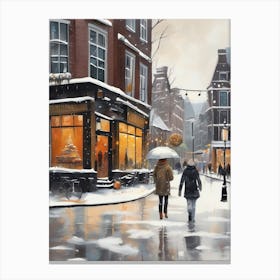 Amsterdam cafes, winter season, Christmas, autumn oil colors, pale colors, pedestrians in the street, winter clothes, falling snow.8 1 Canvas Print