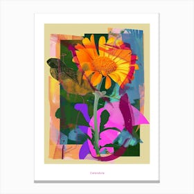 Calendula 1 Neon Flower Collage Poster Canvas Print