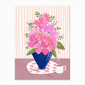 Pink Flowers In Blue Vase  Canvas Print