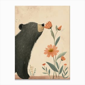 Sloth Bear Sniffing A Flower Storybook Illustration 1 Canvas Print