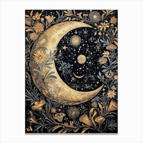 Moon Flowers At Night Stars William Morris Style Canvas Print