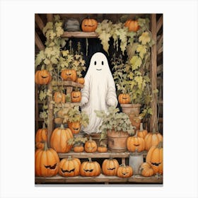 Cute Bedsheet Ghost, Botanical Halloween Watercolour 106 Canvas Print
