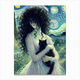 Starry Night Enigma Woman and Black Cat Canvas Print