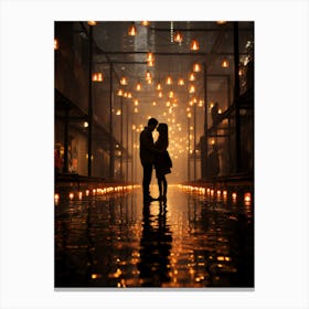 Couple Kissing In The Rain.LED Love Story: 'Dance With Me' in a Luminous Dream. Canvas Print