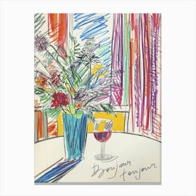 Bonjour Toujour. Flowers and Wine on the Table. Matisse Style Travel French Sketch Canvas Print