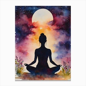 Yoga Woman In Lotus Pose - Full Moon Contemplating Serenity Calm Yogi Meditating Spiritual Grounding Heart Open Buddhist Indian Travel Guidance Wisdom Peace Love Witchy Beautiful Watercolor Woman Trees Blue Sunset Silhouette Canvas Print
