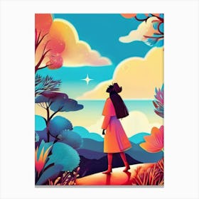 Luxmango Bold Woman Looking At Stars And Sky, Forest Illustration Canvas Print