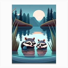Two Raccoons Swimming At Night Canvas Print