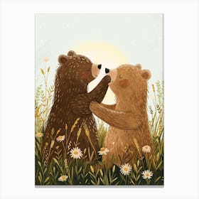 Two Bears Playing Together In A Meadow Storybook Illustration 1 Canvas Print