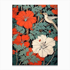 Chinese Bellflower And Bird Vintage Japanese Botanical Canvas Print