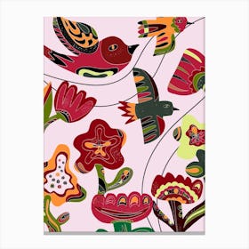 stylized birds and flowers folk art motifs 4 Canvas Print