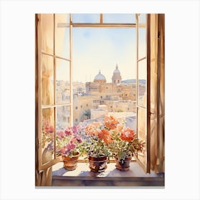 Window View Of Valletta Malta In Autumn Fall, Watercolour 4 Canvas Print