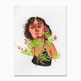 Graphic Portrait Lady With Flowers Canvas Print