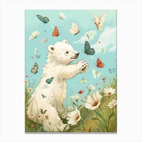 Polar Bear Cub Playing With Butterflies Storybook Illustration 3 Canvas Print
