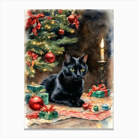 Vintage Christmas Black Cat - Winter Scene Black Cat in Santa Hat Canvas Print