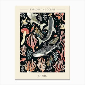 Shark Pattern Seascape Black Background Illustration 1 Poster Canvas Print