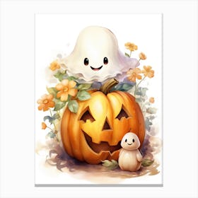 Cute Ghost With Pumpkins Halloween Watercolour 145 Canvas Print