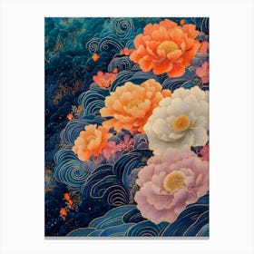 Elegant Floral Art with Peonies and Abstract Waves - Stunning Decorative Wall Art Design Canvas Print