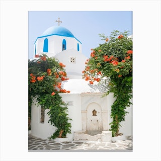 Greek Island Church Orange Flowers Canvas Print